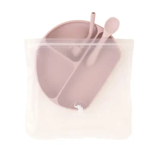 All4Ella Silicone Plate with Straw & Spoon - Dusty Pink